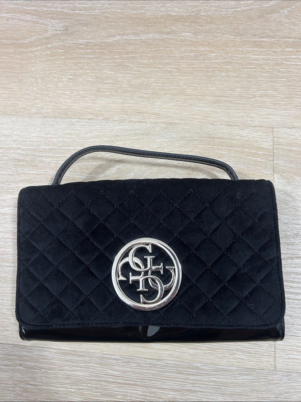 Guess Black Quilted Velvet Clutch with Silver Logo